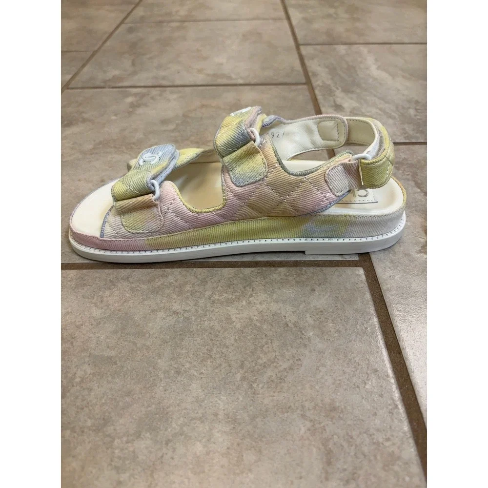 Authentic Chanel Pastel Tie Dye Denim Quilted Dad Sandals G35927 CC Logo 37C
